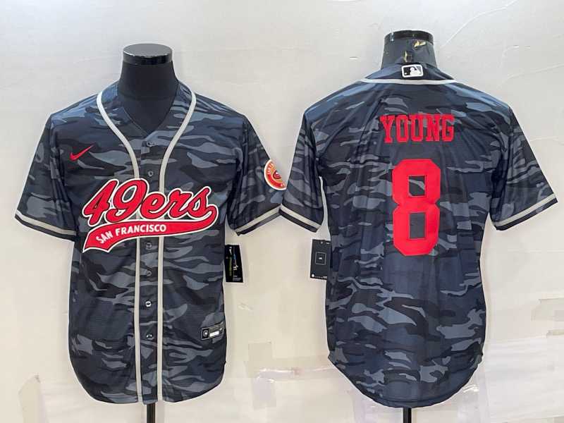 Mens San Francisco 49ers #8 Steve Young Grey Camo With Patch Cool Base Stitched Baseball Jersey